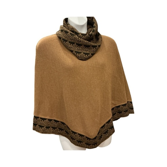 100% Baby Alpaca Knit Poncho Shawl Scarf Wrap Tan & Black - Picture 1 of 6